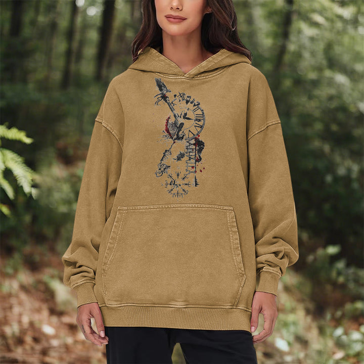 WorldNorse Clock Rune Spear Blood Splatter Washed Hoodie - image 22