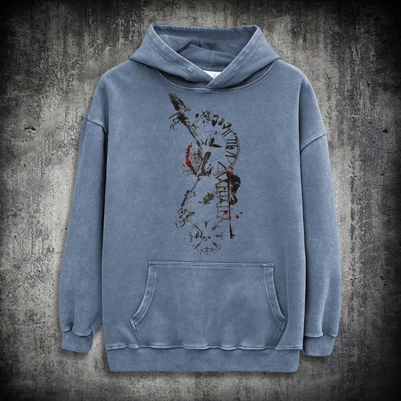 WorldNorse Clock Rune Spear Blood Splatter Washed Hoodie - Blue - 3XL - image 15