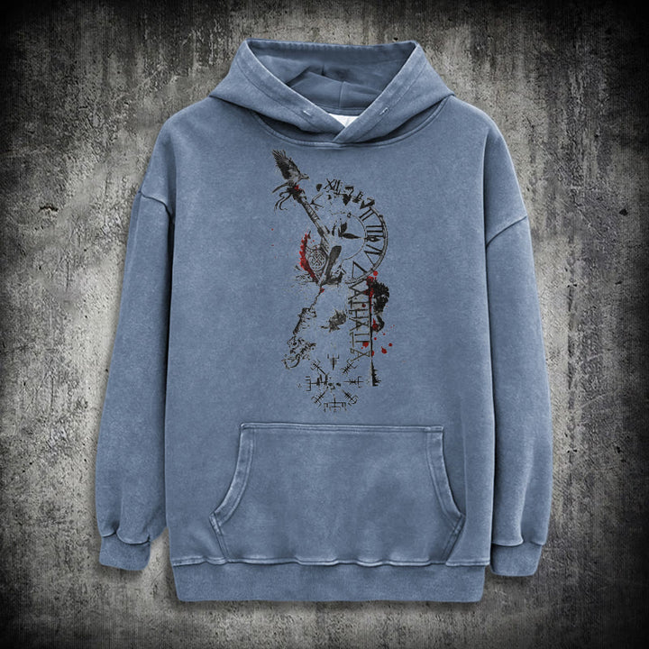WorldNorse Clock Rune Spear Blood Splatter Washed Hoodie - Blue - 3XL - image 15