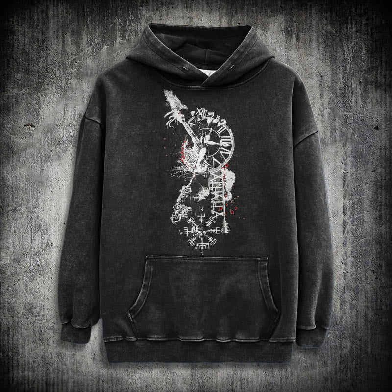 WorldNorse Clock Rune Spear Blood Splatter Washed Hoodie - Black - 3XL - image 0