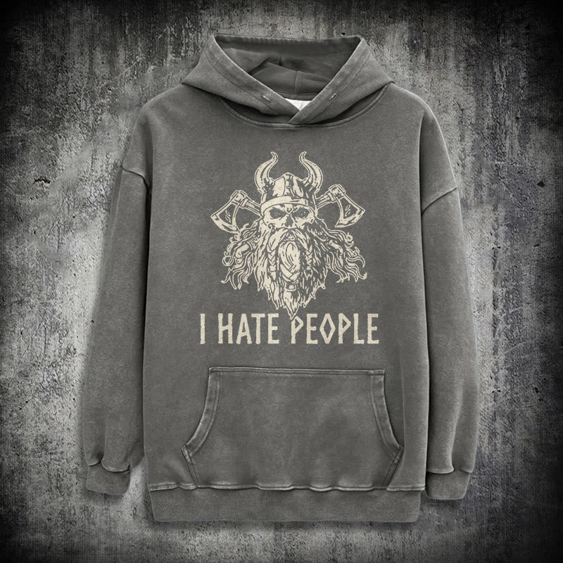 WorldNorse Horned Viking Skull Axe Washed Hoodie - Grey - 3XL - image 12