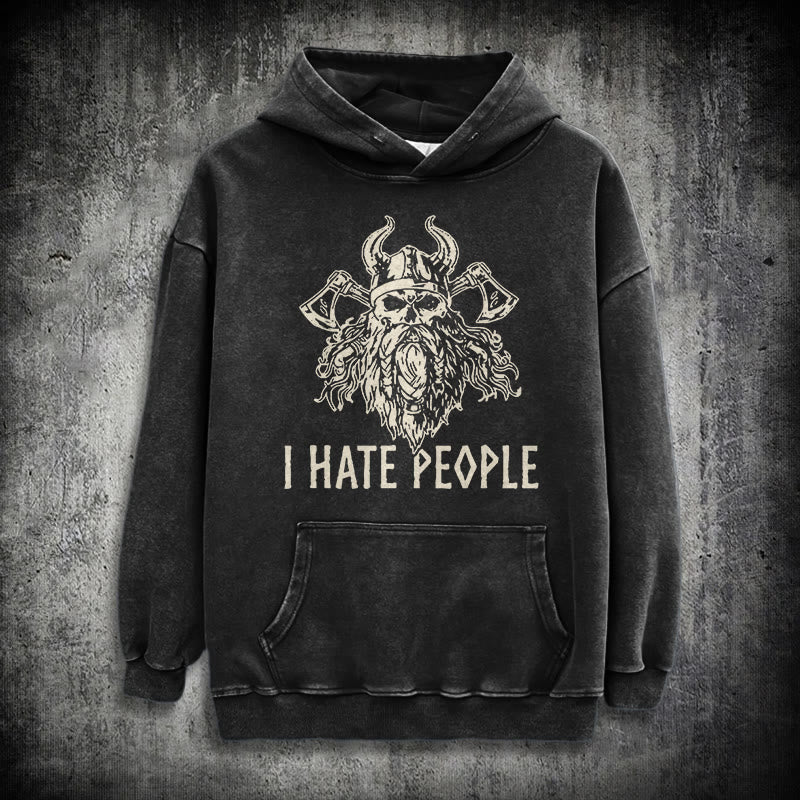 WorldNorse Horned Viking Skull Axe Washed Hoodie - Black - 3XL - image 0