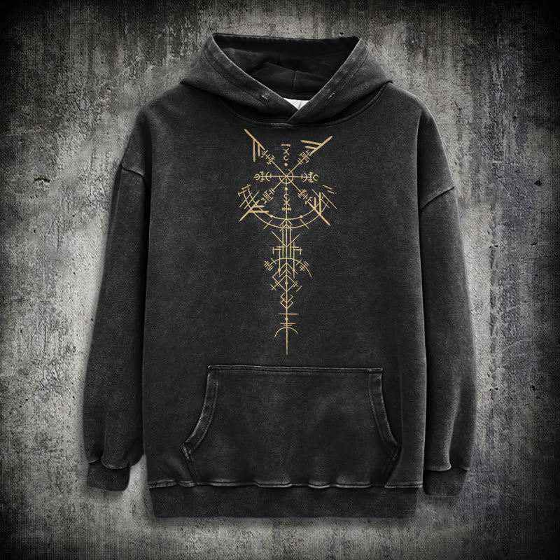 WorldNorse Gilded Rune Vegvisir Washed Hoodie - Black - 3XL - image 0