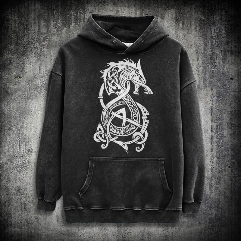 WorldNorse Celtic Knot Norse Dragon Washed Hoodie - Black - 3XL - image 0