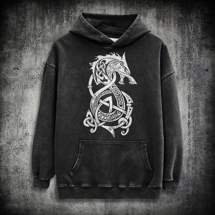 WorldNorse Celtic Knot Norse Dragon Washed Hoodie - Black - 3XL - image 0