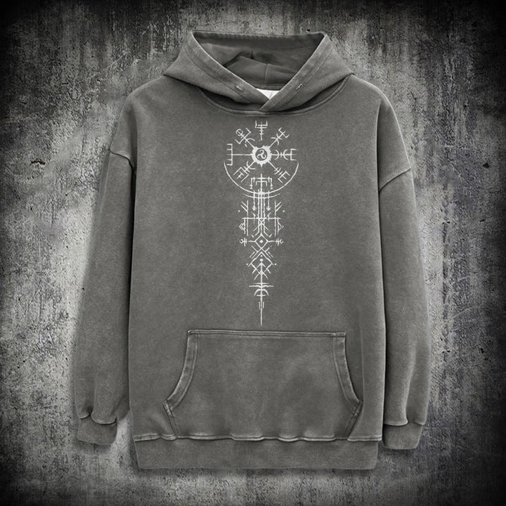 WorldNorse Ornate Rune Vegvisir Emblem Washed Hoodie - Grey - 3XL - image 12