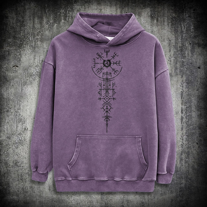 WorldNorse Ornate Rune Vegvisir Emblem Washed Hoodie - Purple - 3XL - image 23