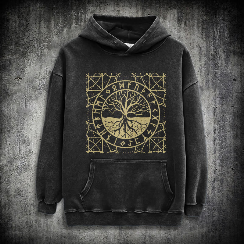 WorldNorse Golden Rune Yggdrasil Washed Hoodie - Black - 3XL - image 0