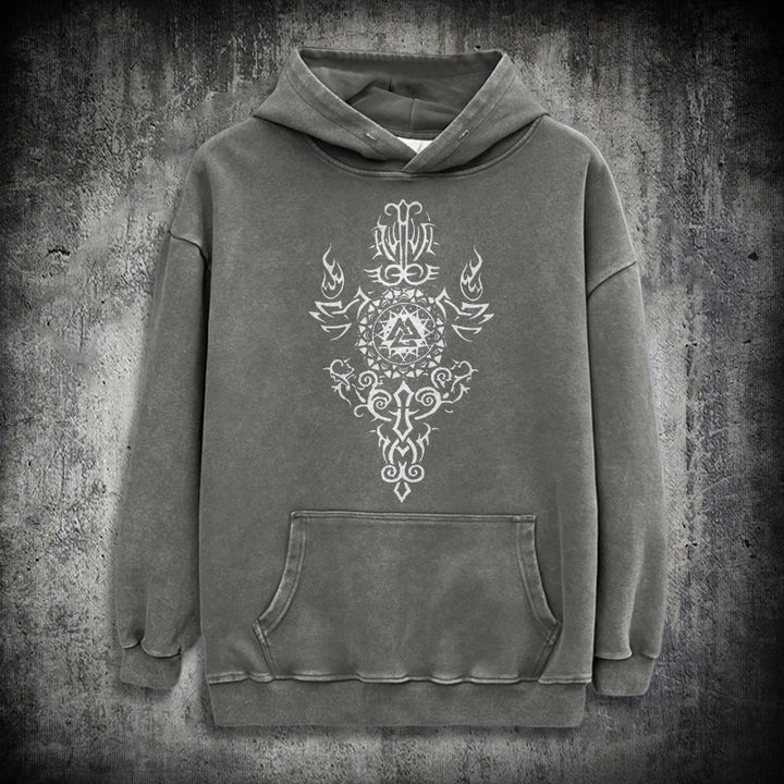 WorldNorse Valknut Flame Emblem Washed Hoodie - Grey - 3XL - image 12