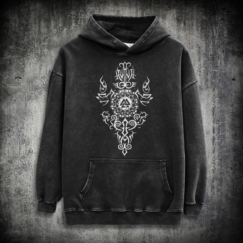 WorldNorse Valknut Flame Emblem Washed Hoodie - Black - 3XL - image 0