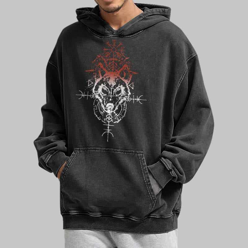 WorldNorse Red Rune Wolf Vegvisir Washed Hoodie - image 4