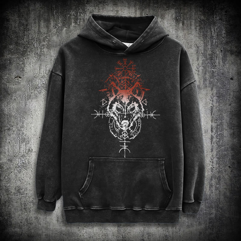 WorldNorse Red Rune Wolf Vegvisir Washed Hoodie - Black - 3XL - image 0