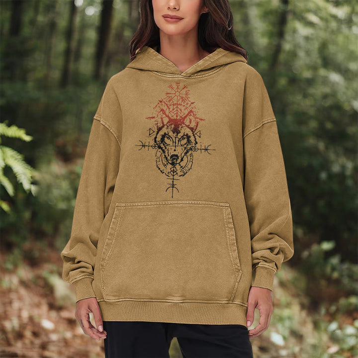 WorldNorse Red Rune Wolf Vegvisir Washed Hoodie - image 22