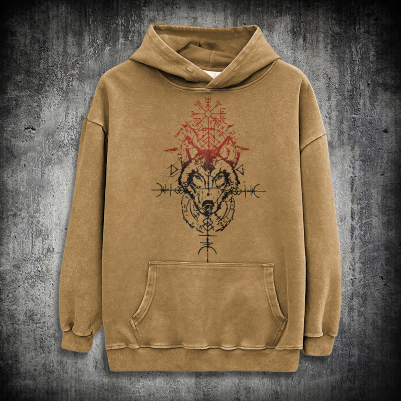 WorldNorse Red Rune Wolf Vegvisir Washed Hoodie - Khaki - 3XL - image 19