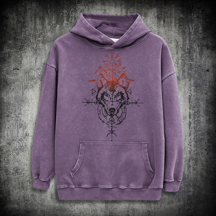 WorldNorse Red Rune Wolf Vegvisir Washed Hoodie - Purple - 3XL - image 23