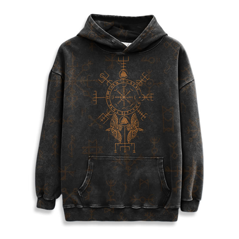 WorldNorse Bronze Rune Vegvisir Raven Washed Hoodie - image 2