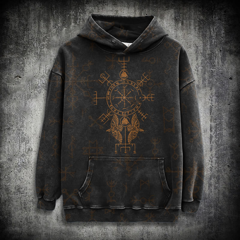 WorldNorse Bronze Rune Vegvisir Raven Washed Hoodie - Black - 3XL - image 0