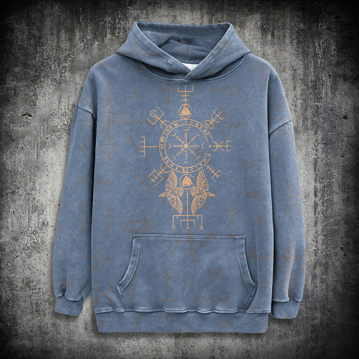 WorldNorse Bronze Rune Vegvisir Raven Washed Hoodie - Blue - 3XL - image 15