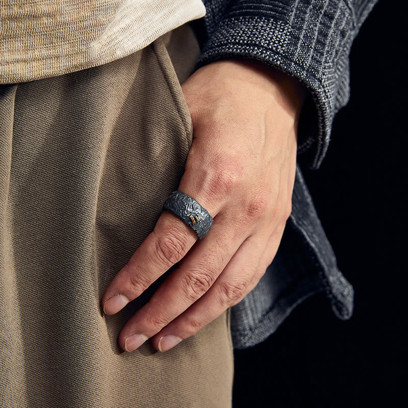 WorldNorse Handcrafted 999 Silver Frosted Crust Gold Inlay Ring - image 1