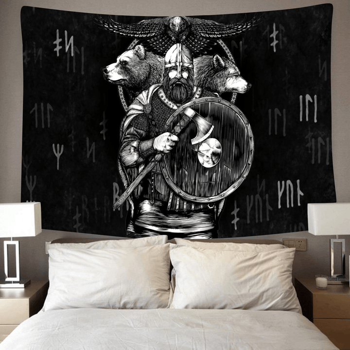 WorldNorse Viking Warden Bear Wolf Raven Rune Tapestry - image 2