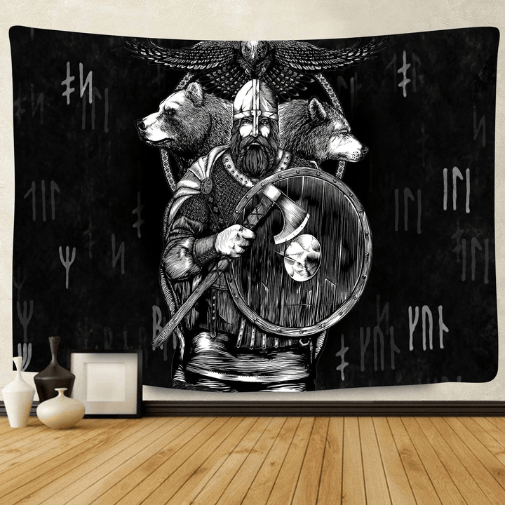 WorldNorse Viking Warden Bear Wolf Raven Rune Tapestry - Viking Warrior - 180X320cm - image 0