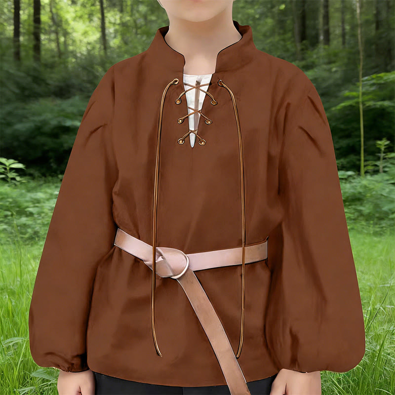 WorldNorse Puffed Sleeve Belted Tunic Costume Shirt - Brown - 3XL - image 4