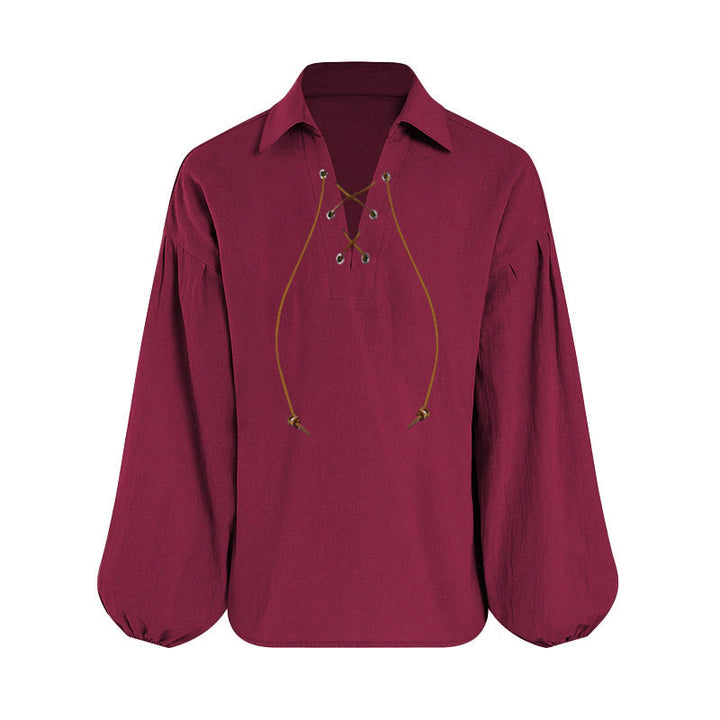 WorldNorse Medieval Lace Up Poet Costume Shirt - Red - 3XL - image 0
