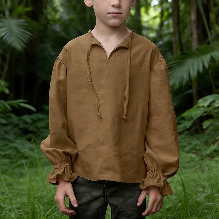 WorldNorse Medieval Gathered Cuff Tied Tunic Costume Shirt - Brown - 3XL - image 3