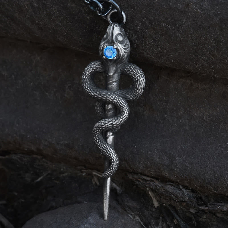 WorldNorse Handcrafted 999 Silver Serpent Staff Blue Gem Necklace - With 55cm Silver Diamond Chain - image 0