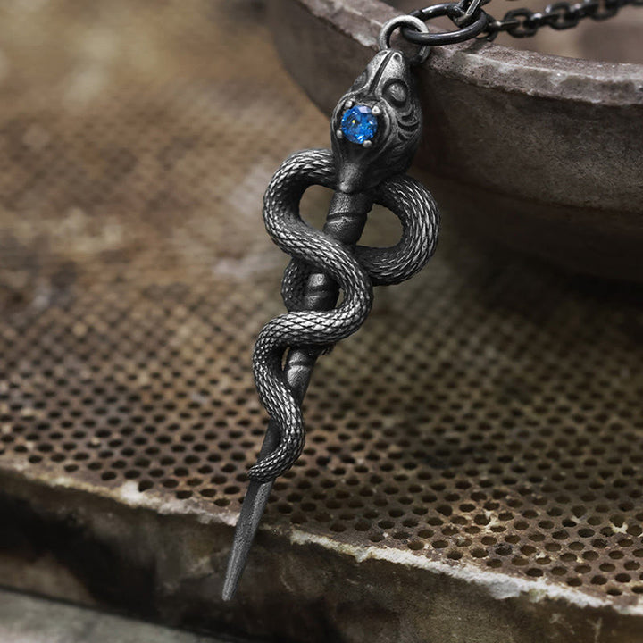 WorldNorse Handcrafted 999 Silver Serpent Staff Blue Gem Necklace - image 2
