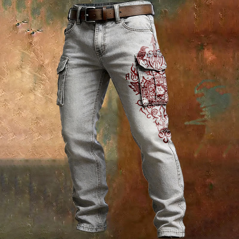 WorldNorse Viking Red Raven Rune Cargo Pants - White - US/UK/AU50，EU60 (5XL) - image 0