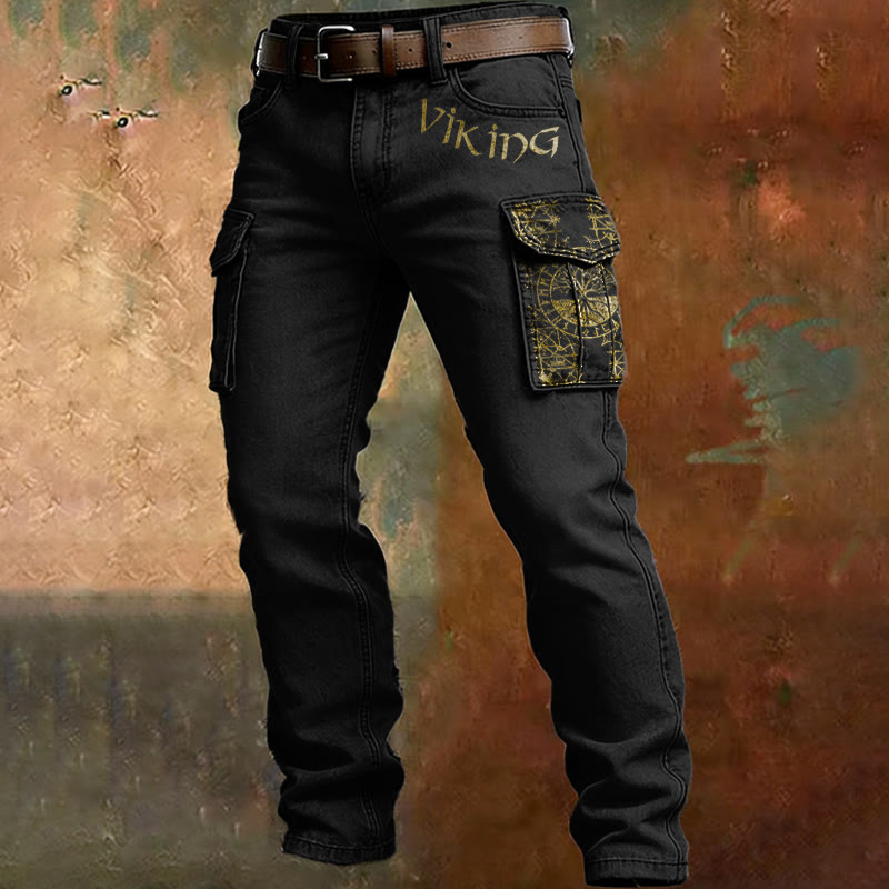 WorldNorse Viking Vegvisir Rune Pocket Cargo Pants - Black - US/UK/AU50，EU60 (5XL) - image 0