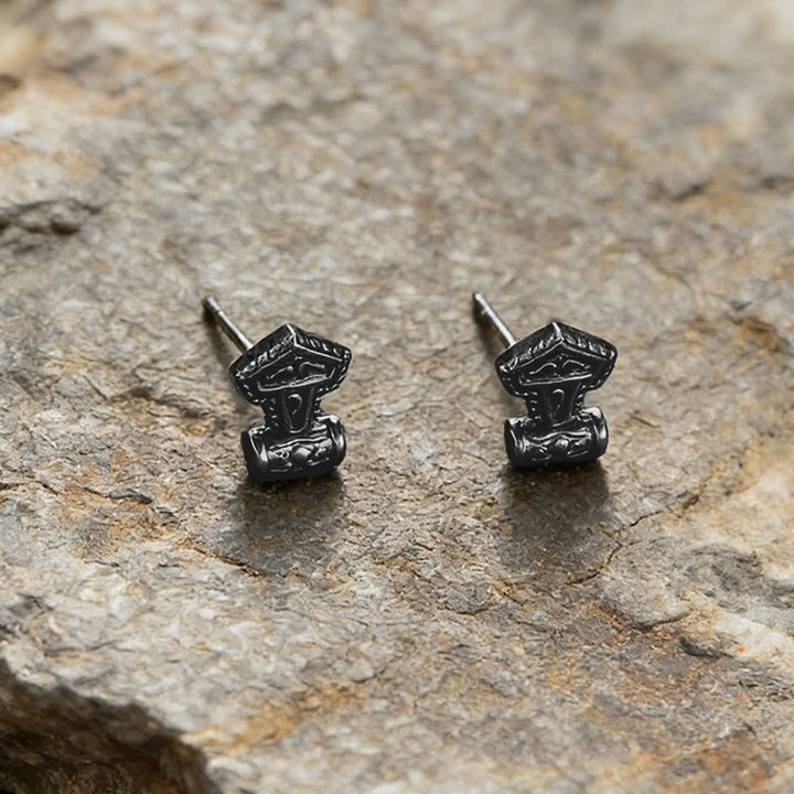 WorldNorse Mjolnir Carved Vintage Stud Earrings - Black - image 3