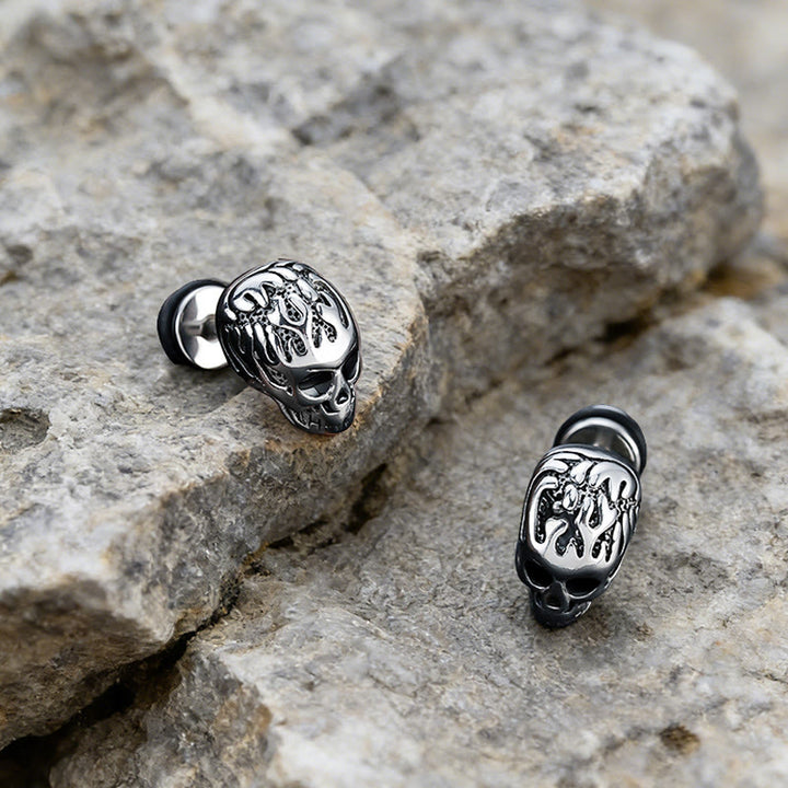 WorldNorse Flame Skull Carved Rustic Stud Earrings - Skull - image 0