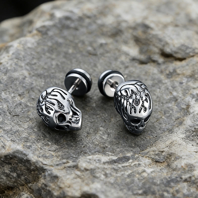 WorldNorse Flame Skull Carved Rustic Stud Earrings - image 4
