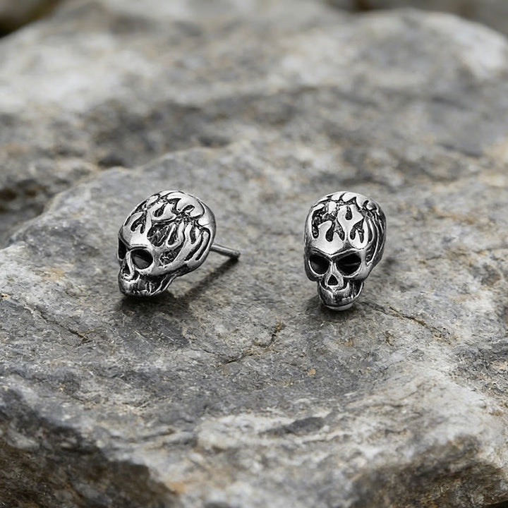 WorldNorse Flame Skull Carved Rustic Stud Earrings - image 2