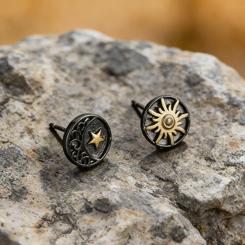 WorldNorse Sun Moon Star Carved Vintage Earrings - image 4