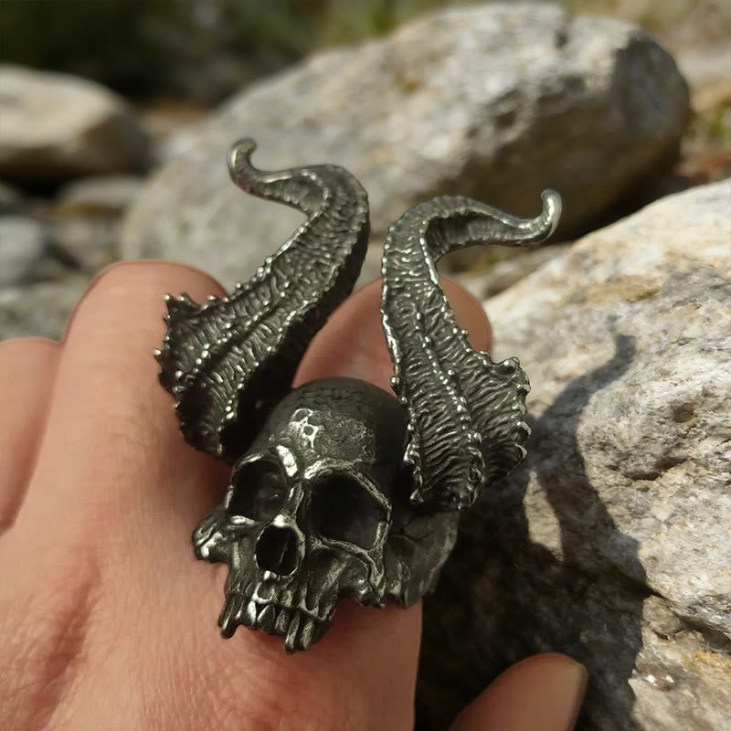 WorldNorse Ram-Horned Demon Skull Ring - image 1