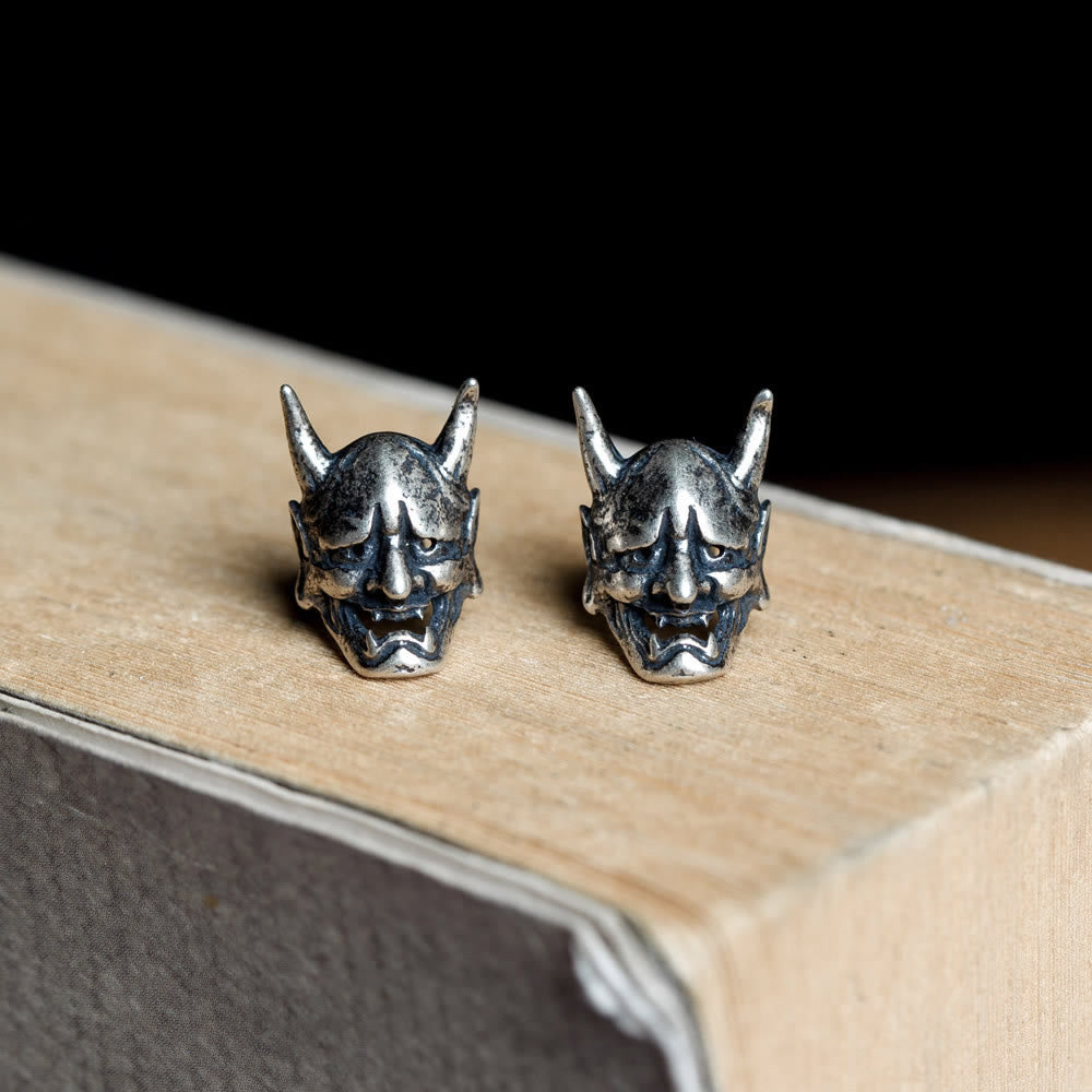 WorldNorse Handcrafted 925 Silver Hannya Mask Antiqued Earrings - 925 Silver - image 0