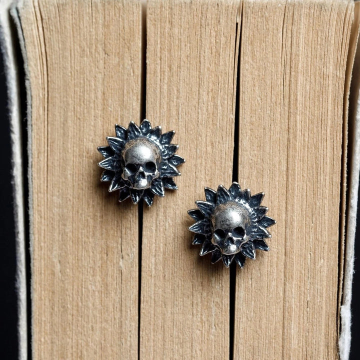 WorldNorse Sunburst Skull Carved Antiqued Earrings - image 2