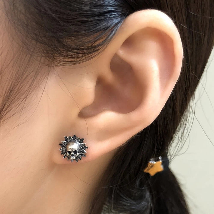 WorldNorse Sunburst Skull Carved Antiqued Earrings - image 4