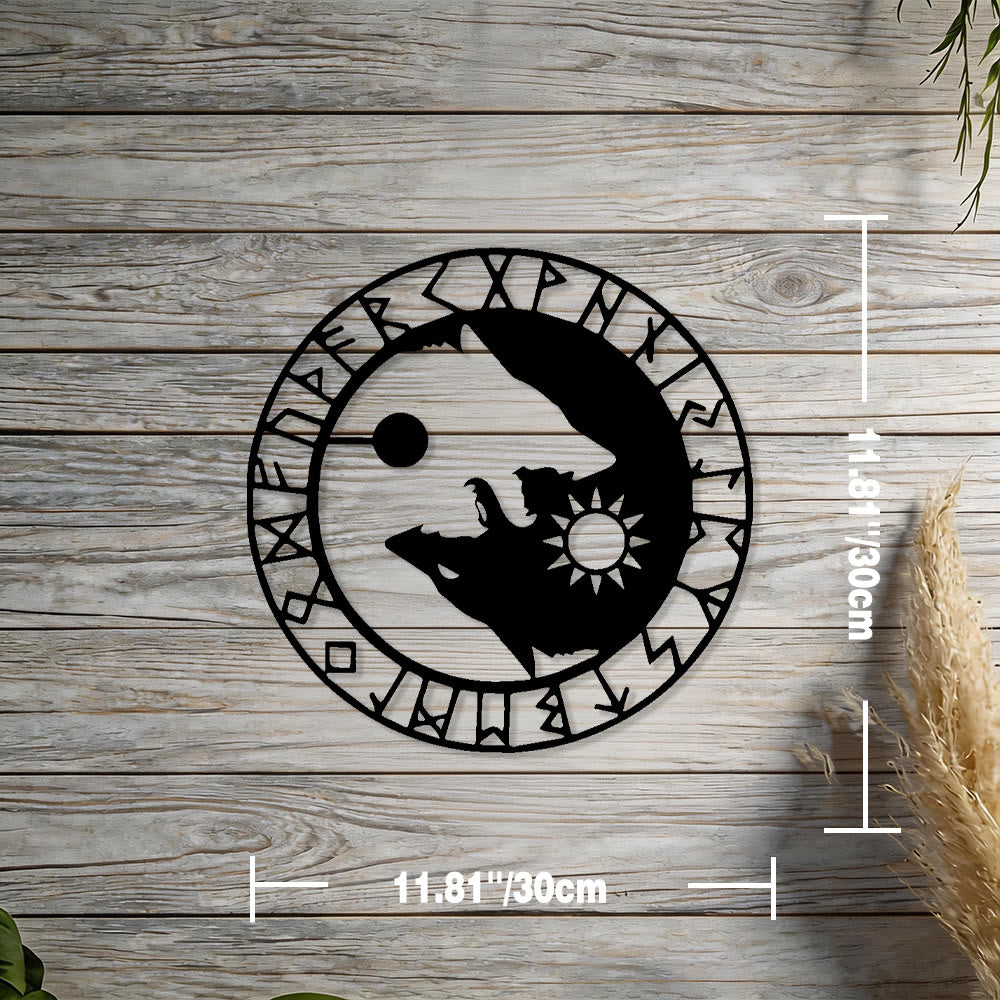 WorldNorse Sun Moon Wolves Stave Rune Circle Metal Wall Decor - Black - 11.81''*11.81''/30*30cm - image 1
