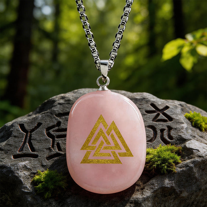 WorldNorse Valknut Strength Sigil Crystal Necklace - Rose Quartz - image 4