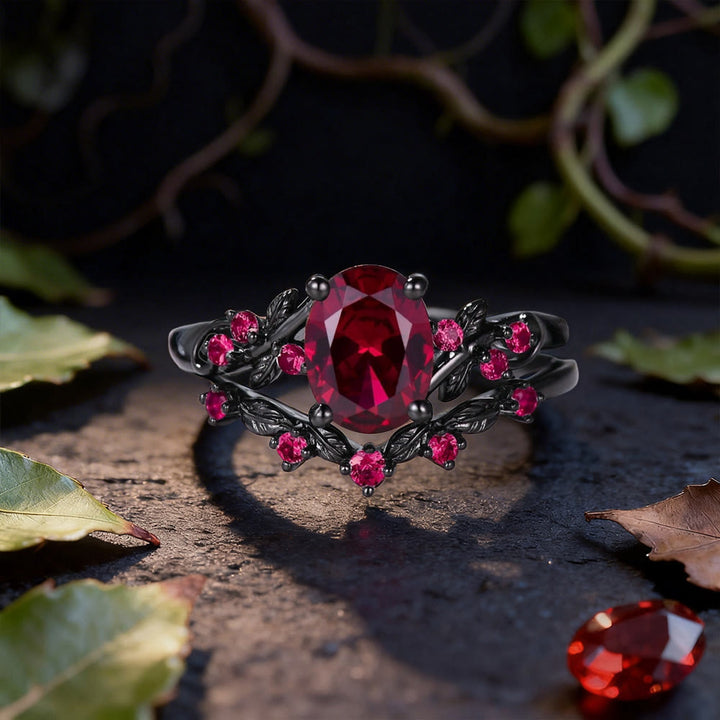 WorldNorse Dark Romance Ruby Black Leaf Ring Set - UK Size T1/2 (US 10) - image 0