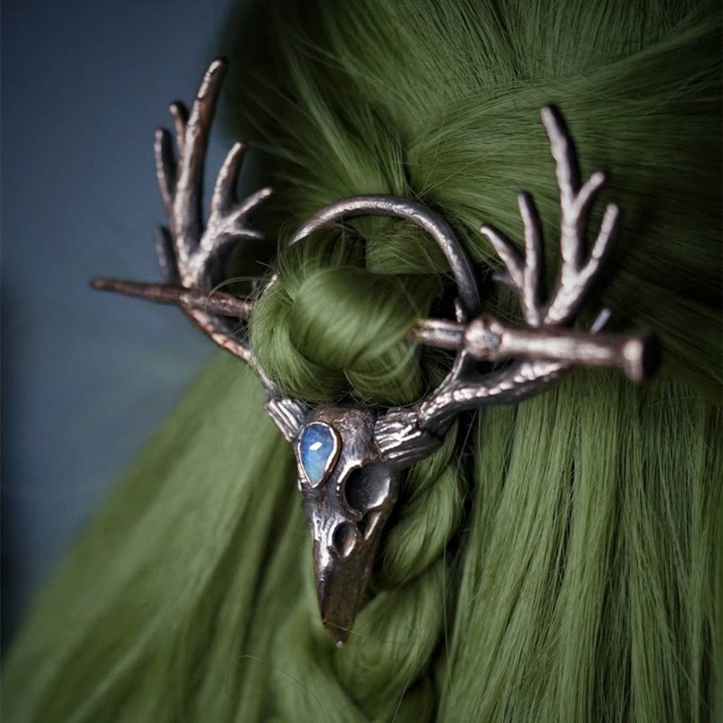 WorldNorse Raven Skull Antler Moonstone Hairpin - image 1
