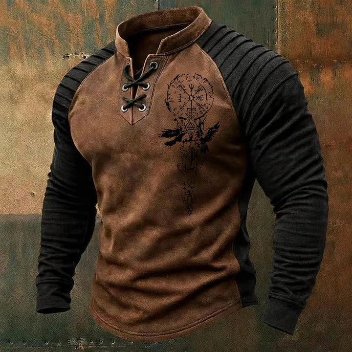 WorldNorse Nordic Raven Shadow Vegvisir Valknut Rune Lace-up Henley Shirt - Brown - US/UK/AU50，EU60 (5XL) - image 2