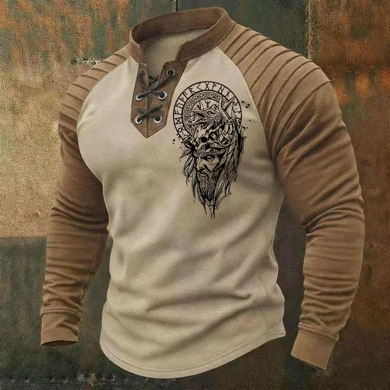 WorldNorse Viking Odin Warrior Raven Skull Runic Pattern Lace-up Henley Shirt - Beige - US/UK/AU50，EU60 (5XL) - image 0