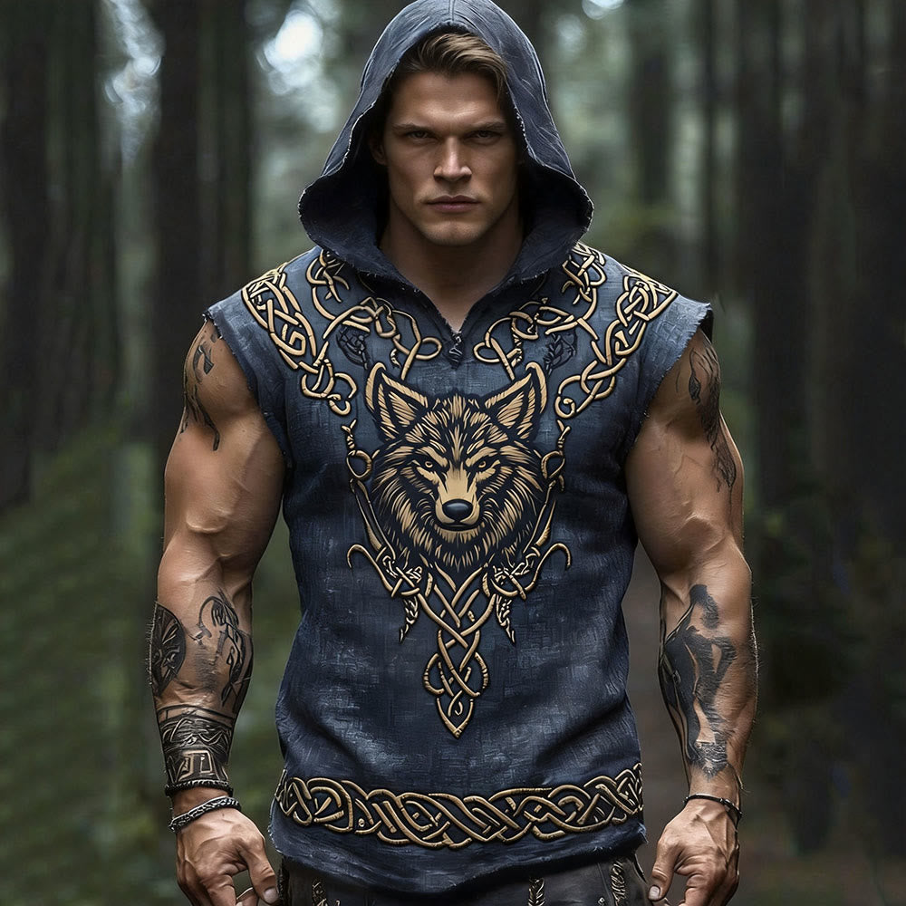 WorldNorse Viking Wolf Knotwork Hooded Linen Vest - US/UK/AU50，EU60 (5XL) - image 0