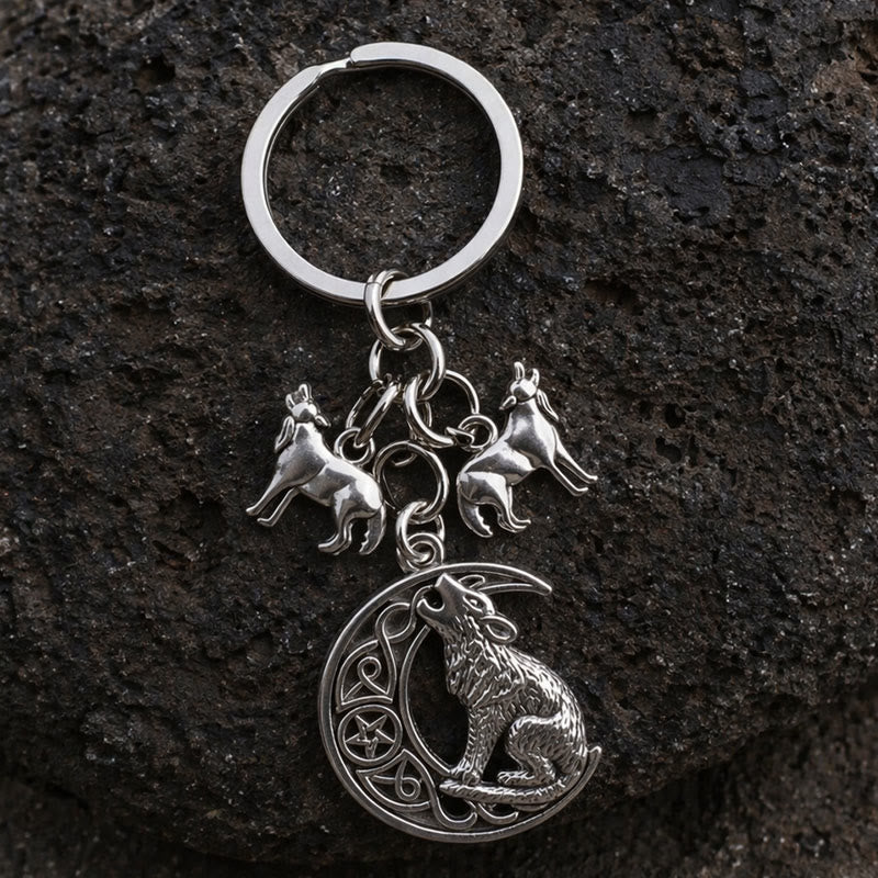 WorldNorse Wolf Howling Crescent Moon Keychain - image 1