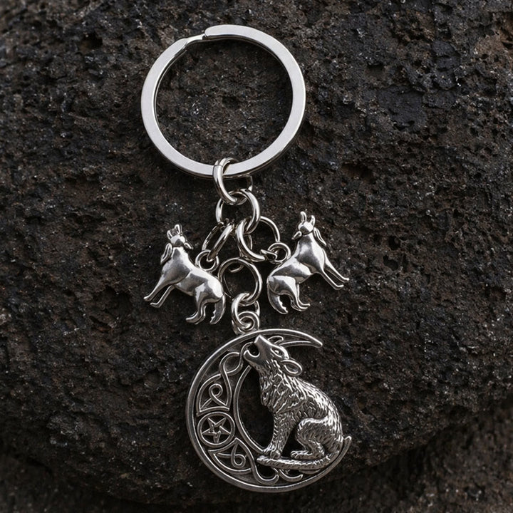 WorldNorse Wolf Howling Crescent Moon Keychain - image 1